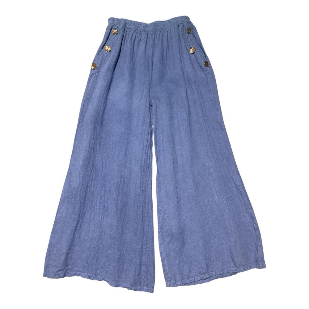 Puro Lino Pants Women’s 30x27 Italy 100% Linen Wide Leg Palazzo Blue Lagenlook